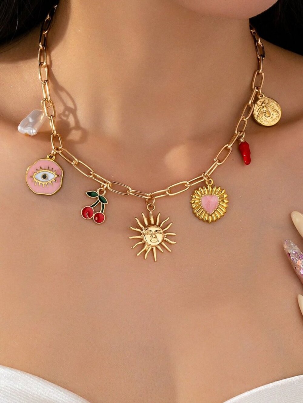 Boho Gold Charm Necklace Evil Eye Cherry Sun Pearl Chili Multicolor